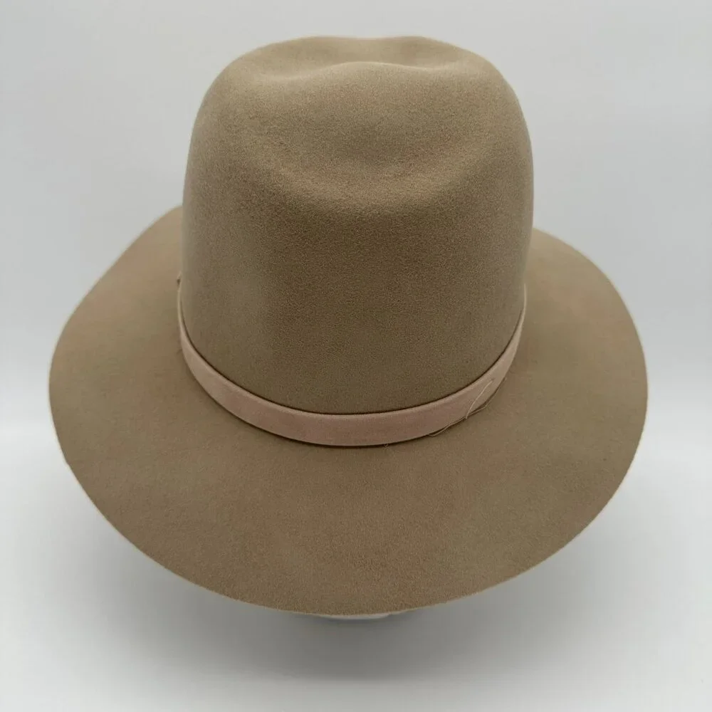 Phenix Women's Short Brim 100% Wool Suede Trim Fedora Hat, OSFM, Beige